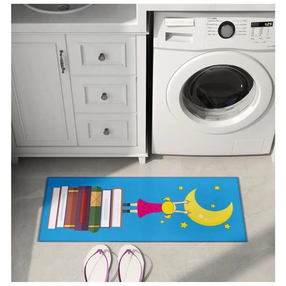 NEW Whimsical Moon & Books Rug Runner 15.7x39.3” Non-Slip Blue Velvet Carpet